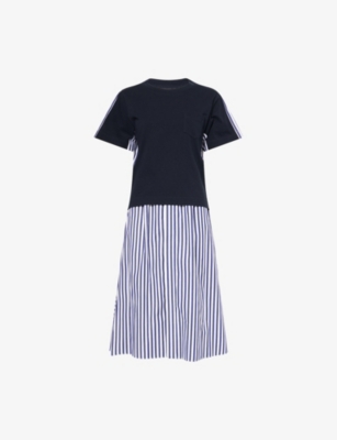 SACAI: Belted Striped Cotton-Jersey Midi Dress