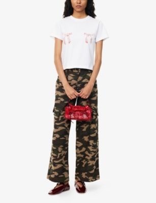 SANDY LIANG: Bow-Print Cropped Cotton T-Shirt