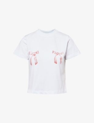 SANDY LIANG: Bow-Print Cropped Cotton T-Shirt