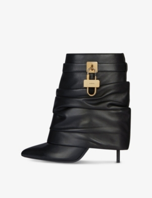Givenchy Womens Black Shark Lock Stiletto Srunched Low Leather Heeled Ankle Boots Eur 37.5 / 4.5 Uk In Black