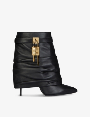 Givenchy Womens Black Shark Lock Stiletto Srunched Low Leather Heeled Ankle Boots Eur 37.5 / 4.5 Uk In Black