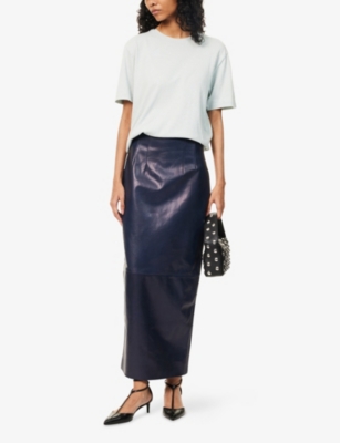 Khaite Womens Dark Navy Loxley Mid-rise Leather Midi Skirt In Blue
