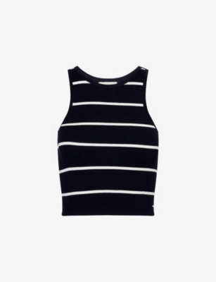 Adanola Womens Navy Blue/white Stripe Racer Crop Knit Vest Top