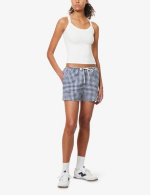 Adanola Womens Navy Blue/white Gingham Drawstring-waist Cotton Shorts Xl