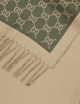 Gucci Mens Reseda/beige Monogram-print Fringed Wool Scarf