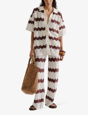 Malina Womens Brown Stripe Alana Oversized-fit Short-sleeve Striped  Knitted Shirt Xs
