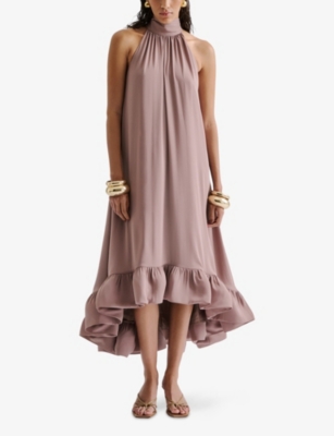 MALINA: Sabrina Halterneck Ruffled-Hem Woven Midi Dress