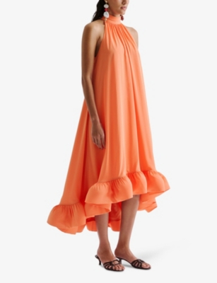 MALINA: Sabrina Halterneck Ruffled-Hem Woven Midi Dress