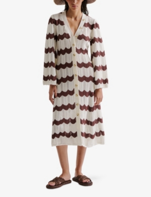 Malina Womens Isobel V-neck Wide-sleeve Striped Knitted Midi Dress Brown Stripe Xxs