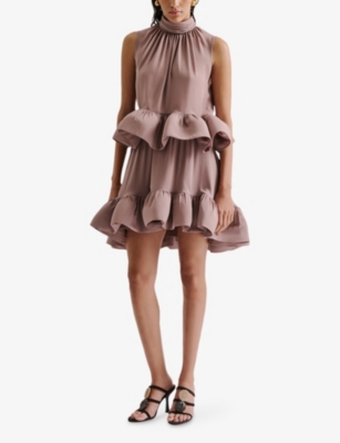 MALINA: Lune High-Neck Ruffle-Hem Woven Blouse