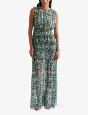 MALINA: Raquel Graphic-Print Ruched-Panel Sleeveless Silk Maxi Dress
