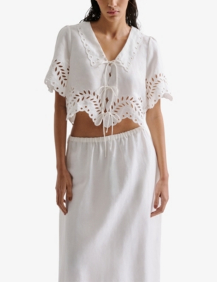 Malina Womens Estela Broderie-anglaise Short-sleeve Linen-blend Blouse White