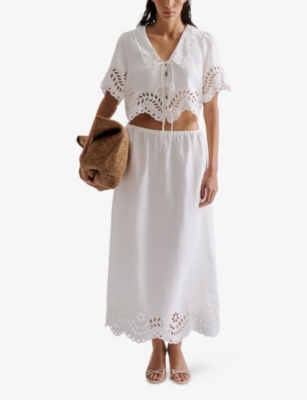 Malina Womens Chara Elasticated-waist Broderie-anglaise Linen-blend Maxi Skirt White In White