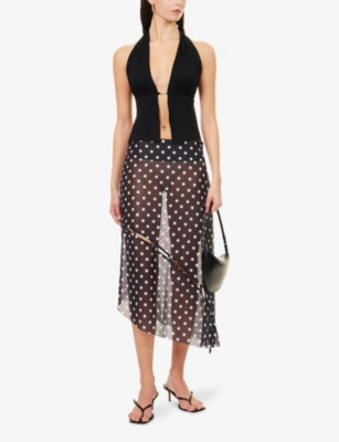 HOUSE OF SUNNY: Polka-Dot Asymmetric Stretch-Woven Midi Skirt