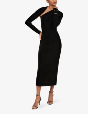 Reiss Womens Black Kass Asymmetric-neck Stretch-velvet Midi Dress In Black