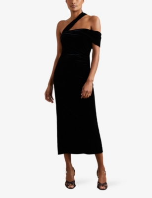 Reiss Womens Black Dalia One-shoulder Slim-fit Stretch-velvet Midi Dress In Black