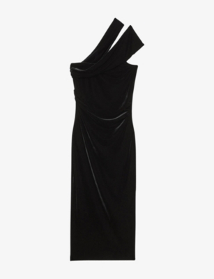 Reiss Womens Black Dalia One-shoulder Slim-fit Stretch-velvet Midi Dress