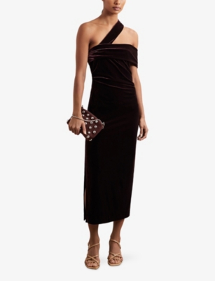 Reiss Womens Burgundy Dalia One-shoulder Slim-fit Stretch-velvet Midi Dress In Burgundy