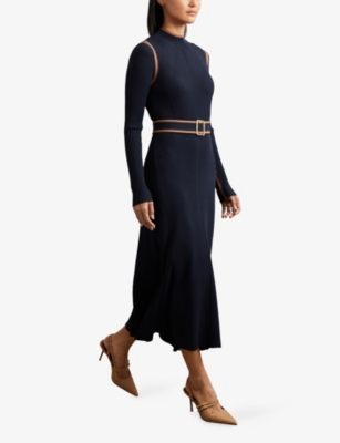 Reiss Womens Navy Camel Ella Colour-block Stretch-knit Midi Dress In Animal Print