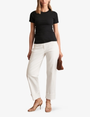 Reiss Womens Black Tess Ribbed Ruched Stretch-cotton T-shirt In Black