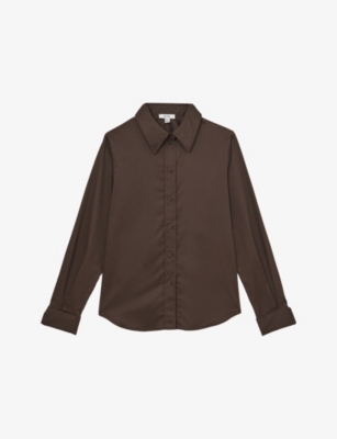 Reiss Womens  Lottie Long-sleeve Cotton-sateen Shirt In Brown
