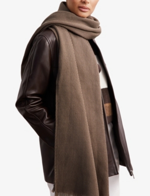 Reiss Womens Taupe Penny Pleated Wool Scarf In Brown