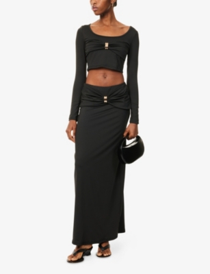 4th & Reckless Womens Black Lyra Knot-front Stretch-woven Midi Skirt In Black