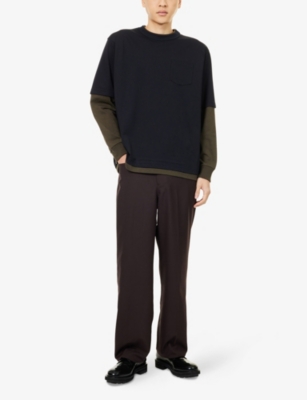 Sacai Mens Navy X Khaki Layered Long-sleeve Cotton T-shirt In Blue