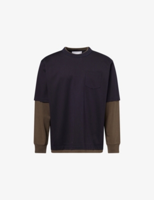 Sacai Mens Navy X Khaki Layered Long-sleeve Cotton T-shirt In Blue