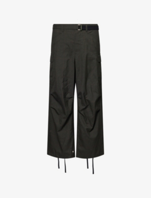Sacai Mens Khaki Checked Straight-leg Wool Trousers In Black