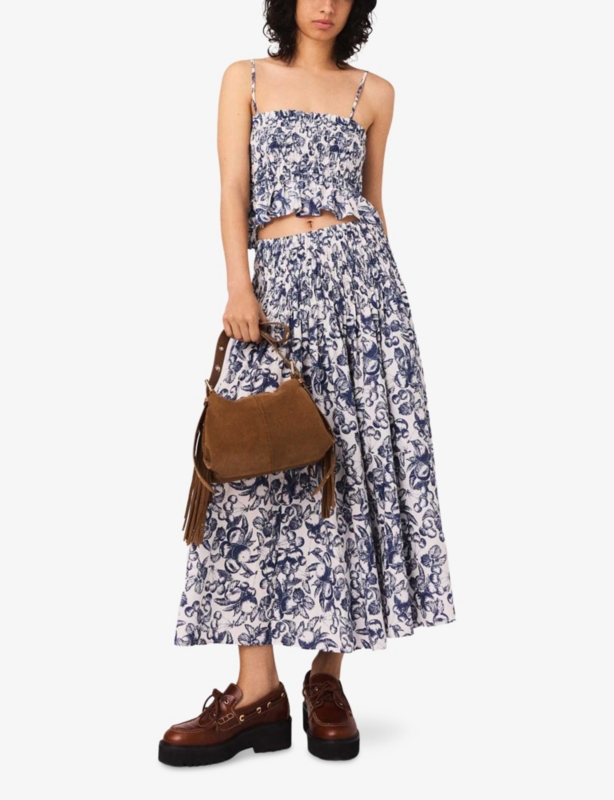 Fruit-Print Smocked-Waist Cotton Maxi Skirt
