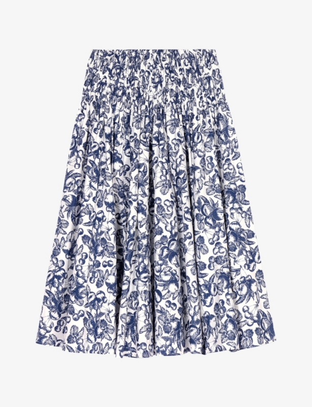 Fruit-Print Smocked-Waist Cotton Maxi Skirt