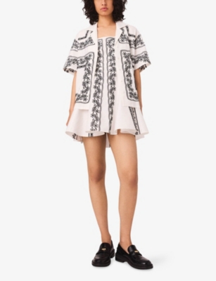 MAJE: Embroidered-Trim Short-Sleeve Linen-Blend Shirt