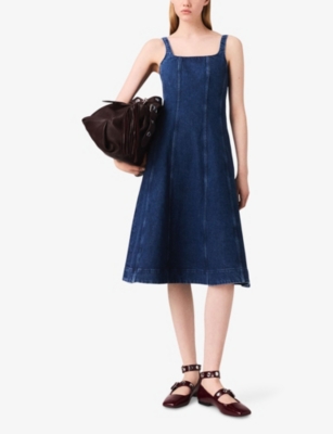 MAJE: Round-Neck Flared-Skirt Sleeveless Stretch-Denim Midi Dress