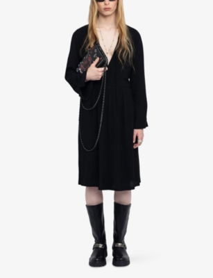 Zadig & Voltaire Rinas Plunge Neck Long Sleeve Dress In Black