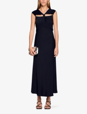 SANDRO: Rhinestone-Embellished Cut-Out Satin Maxi Dress