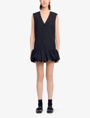 SANDRO: Ruffle-Hem Button-Down Sleeveless Cotton Mini Dress
