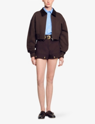 Sandro Womens Brown Contrast-collar Zip-up Cropped Cotton-blend Sweatshirt In Brown