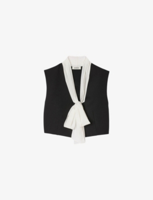 SANDRO: Bow-Neck Sleeveless Cropped Stretch-Woven Top