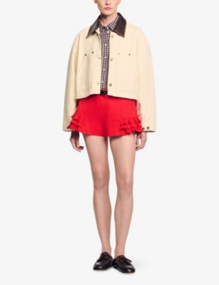 Sandro Womens Ecru Contrast-collar Cotton Workwear Jacket In Neutral