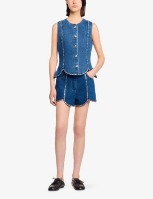 Sandro Womens Blue Jean Rhinestone-embellished Sleeveless Denim Top In Blue