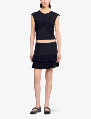SANDRO: Draped Round-Neck Short-Sleeve Stretch-Woven T-Shirt