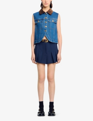 SANDRO: Contrast-Collar Button-Down Sleeveless Denim Jacket