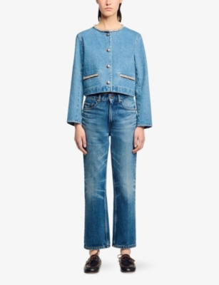 SANDRO: Rhinestone-Embellished Round-Neck Denim Jacket