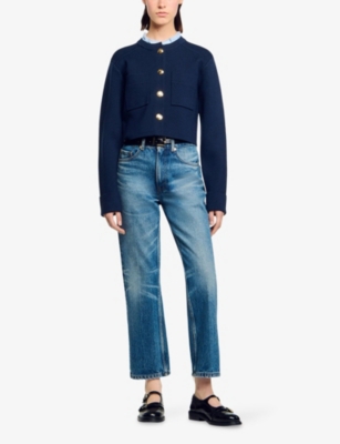 Sandro Womens Navy Blue Denim-collar Wool And Cashmere-blend Cardigan In Blue