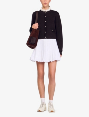 Sandro Womens Brown Ruffled-collar Long-sleeve Wool-blend Cardigan In Black