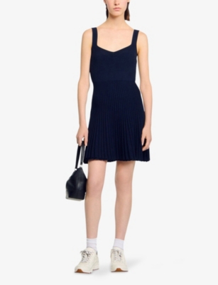Sandro Womens Navy Blue Sleeveless Pleated Knitted Mini Dress In Black
