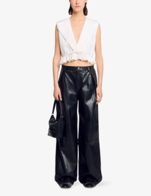 SANDRO: V-Neck Ruffle-Hem Cropped Linen-Blend Top