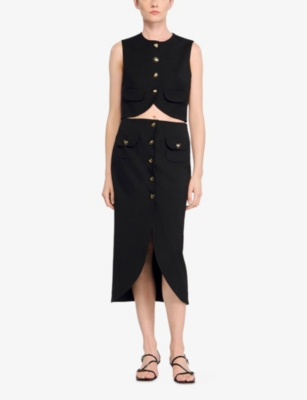 SANDRO: Button-Down High-Rise Stretch-Woven Midi Skirt