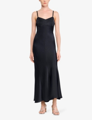 SANDRO: V-Neck Sleeveless Satin-Effect Midi Dress